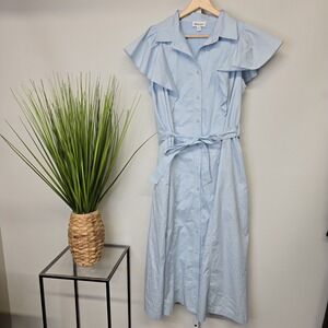 &merci Light Blue Ruffle Flutter Sleeve Belted Midi Shirt Dress MDR1793 Medium